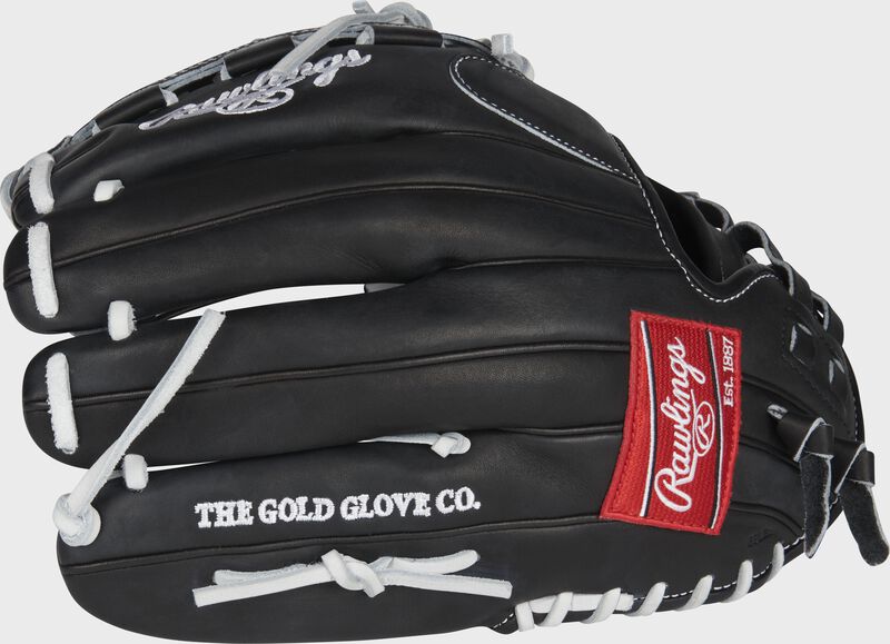 Back of a black 12.5-Inch HOH softball glove with a red Rawlings patch - SKU: PRO125SB-18GB