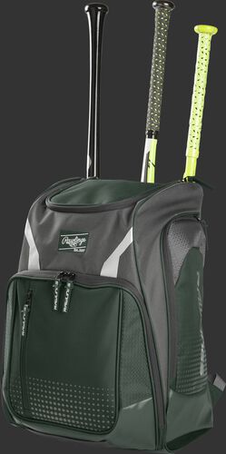 Angle view of a dark green Legion baseball bat backpack with 3 bats in the back - SKU: LEGION-DG