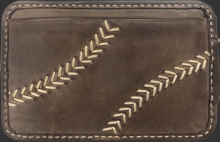 A brown MW494-201 Baseball Stitch money clip with tan stitching on the outside credit card slot