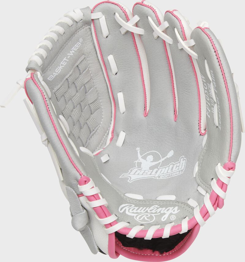 Gray palm of a Rawlings fastpitch softball glove with white stamping and white laces - SKU: ACAFP105GW loading=
