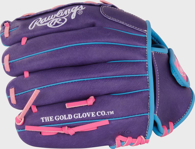 Finger backs of a purple/Columbia blue/pink Sure Catch Softball 11-inch Youth Softball Glove