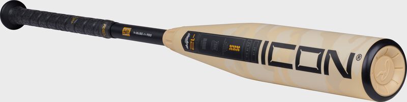 Angled view of a Rawlings Icon 2025 USA Baseball bat with the Icon logo on the barrel