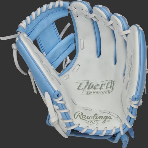 RLA715SB-2CB Rawlings Liberty Advanced Color Series glove with a white palm, columbia blue web and white laces