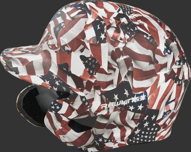 Left side of a MACHEXTL-USA Rawlings Mach EXT USA helmet with a unique American flag hydro dipped design
