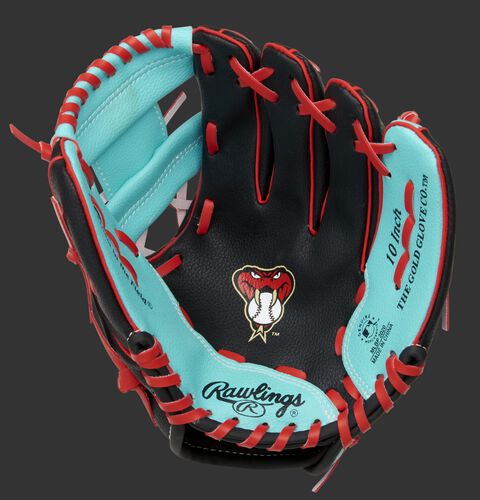A black/teal Rawlings Arizona Diamondbacks youth glove with a D-Backs logo on the palm - SKU: 22000010111