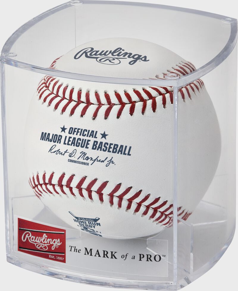 A MLB 2021 Home Run Derby baseball in a clear display cube - SKU: RSGEA-ROMLBHR21-R
