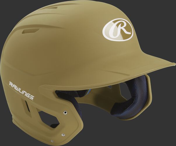 Right angle view of a matte MACH batting helmet with a Vegas gold shell