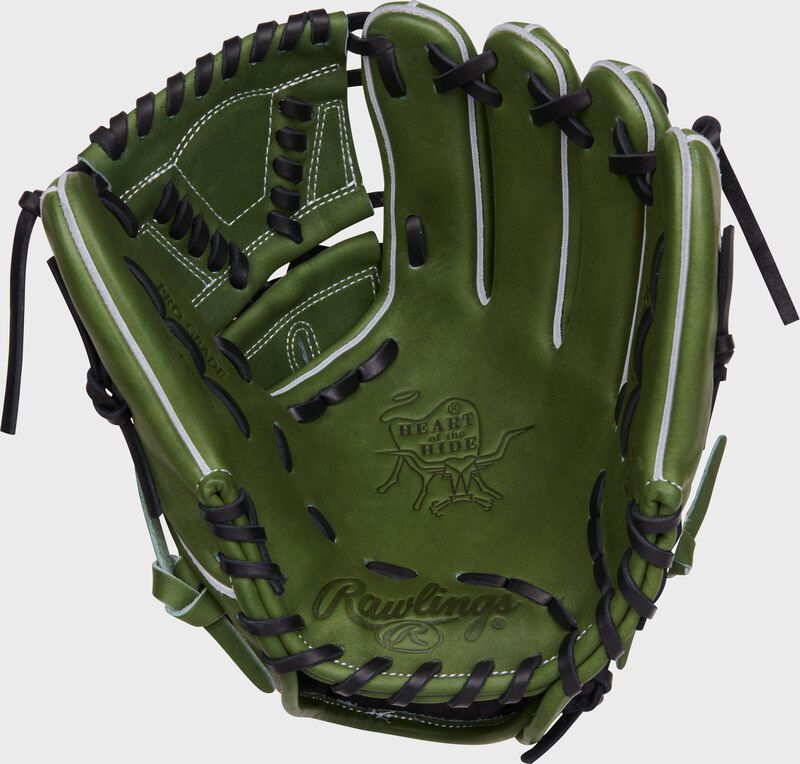 Palm of a Rawlings Heart of the Hide military green glove with black laces - SKU: PRO205-30MG