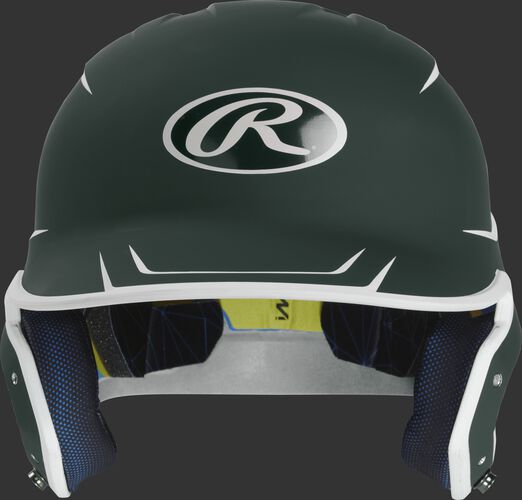 Front of a matte dark green/white MACH senior size batting helmet