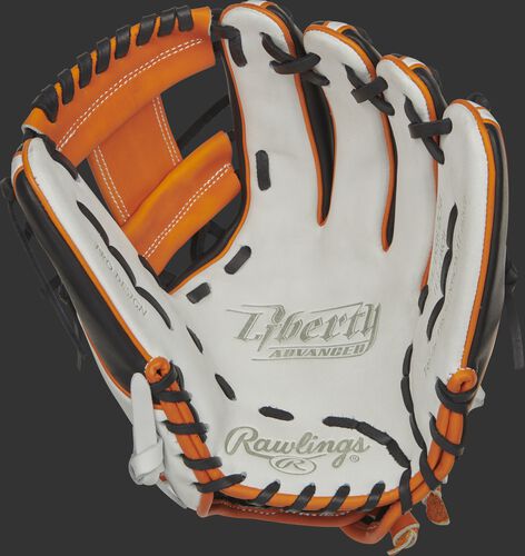 RLA715SB-2OB Rawlings Liberty Advanced Color Series glove with a white palm, orange web and black laces