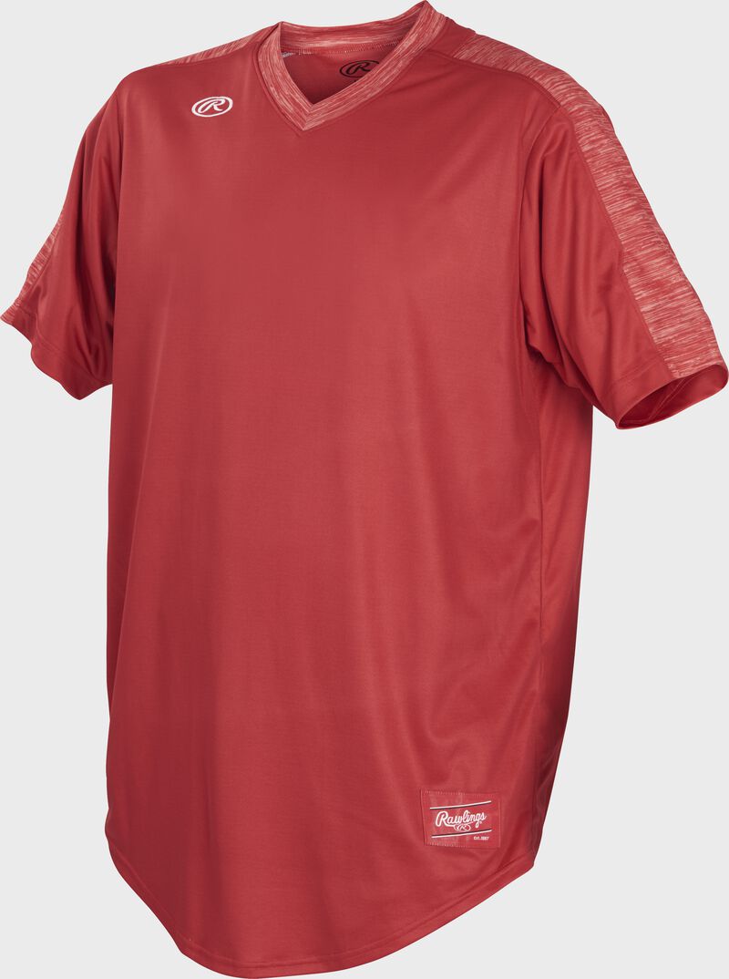 Front of Rawlings Scarlet Adult Short Sleeve Launch Jersey  - SKU #LNCHJ-S