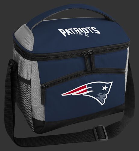 A blue New England Patriots 12 can soft sided cooler with a team logo on the front - SKU: 10111076111