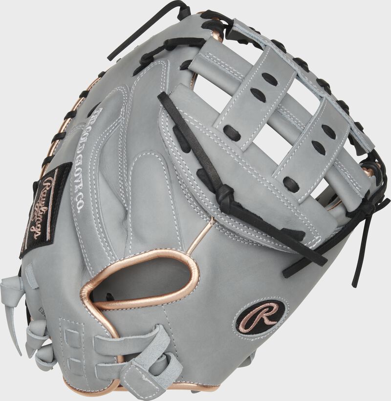 Back of a gray 33-Inch Heart of the Hide softball catcher's mitt with a pull strap back - SKU: PROCM33FP-24G