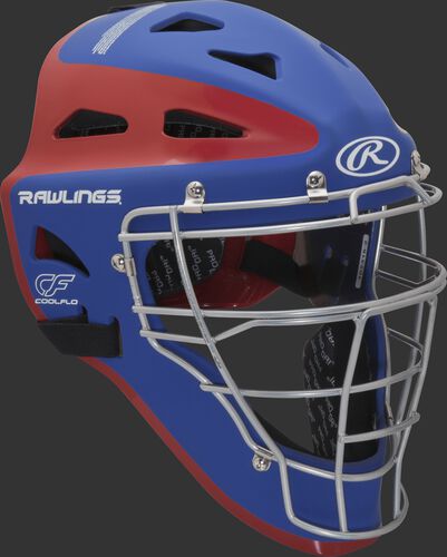 Front right of a royal/scarlet CHVELY Rawlings Velo catcher's helmet