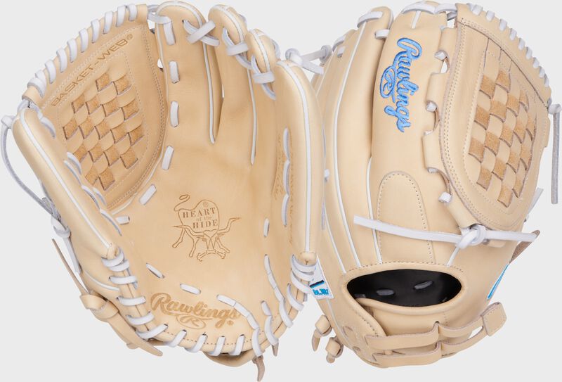 2 views showing the back/palm of a Rawlings Heart of the Hide 12.25" fastpitch basket web glove - SKU: PRO125SB-3C