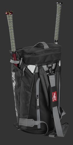 Right angle of a black R601 Hybrid players duffel bag standing up with two bats