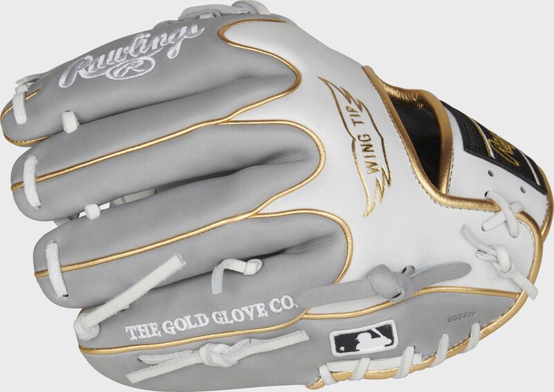 Fingers of a PRO204W-2GW Heart of the Hide exclusive glove with the Official Glove of MLB logo