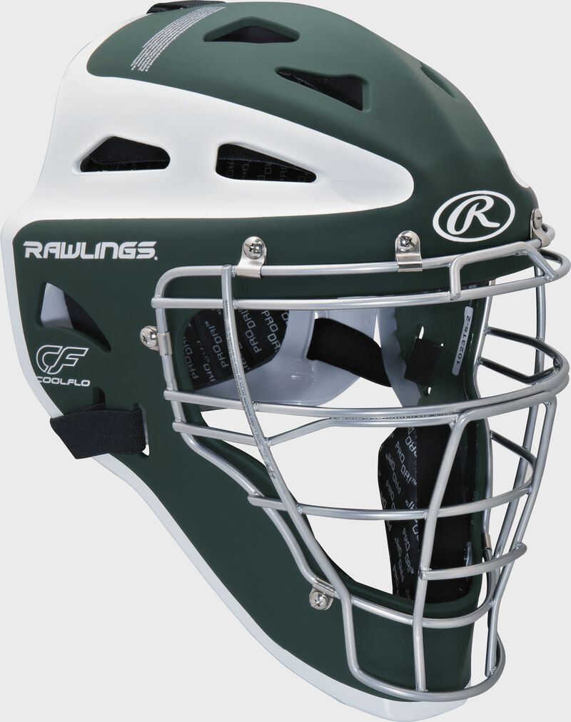 Front right of a dark green/white CHVELY Rawlings Velo catcher's helmet