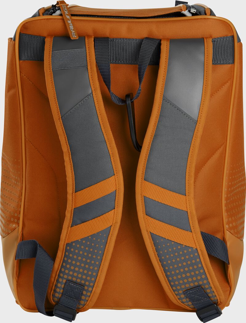Back of an orange Rawlings Franchise backpack with gray shoulder straps - SKU: FRANBP-O