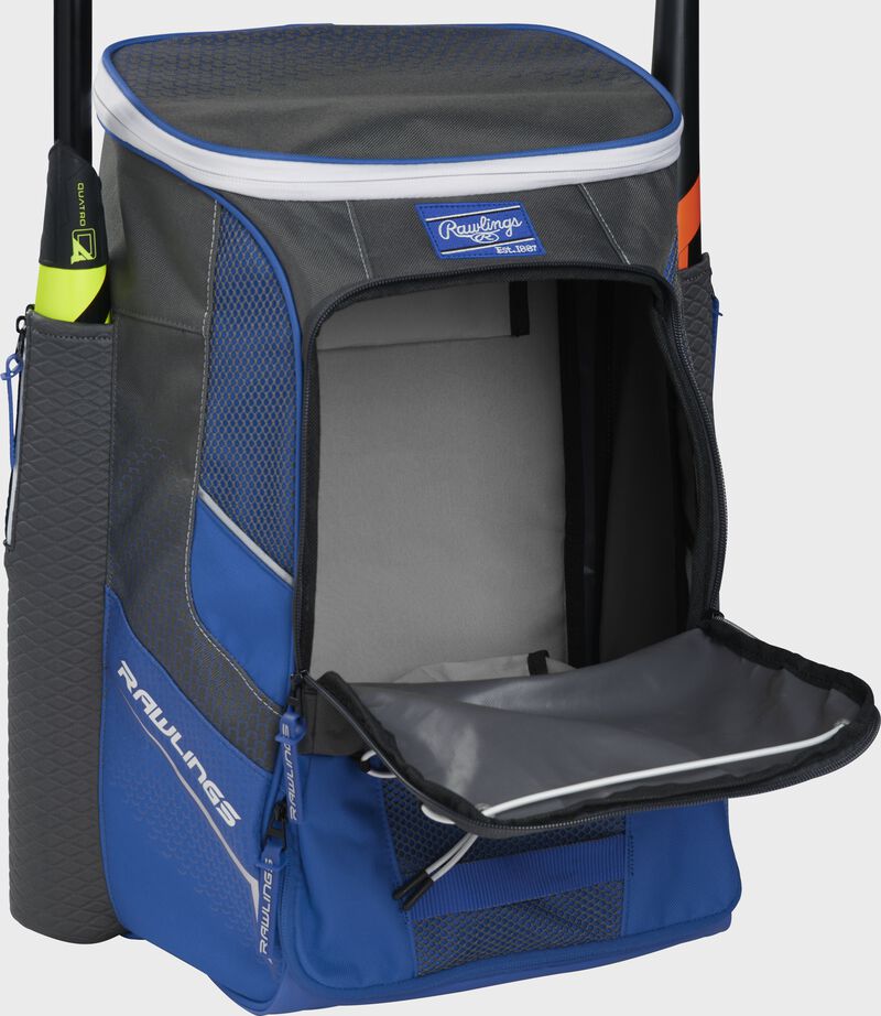 Front of a royal Rawlings Impulse backpack with the main compartment open - SKU: IMPLSE-R
