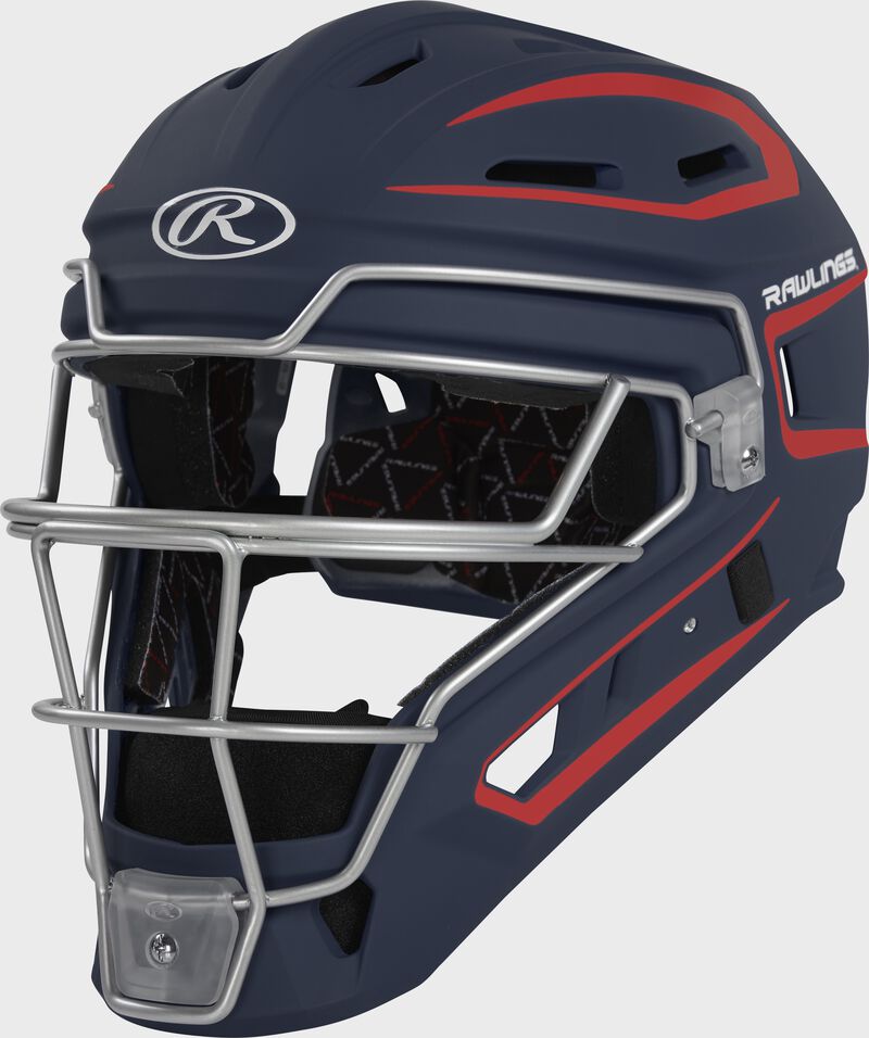 Front left of a navy/scarlet Velo 2.0 catcher's helmet