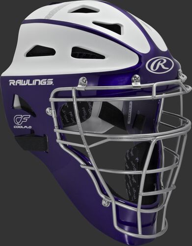 Front right of a purple/white SBCHVEL Rawlings adult Velo softball catcher's helmet