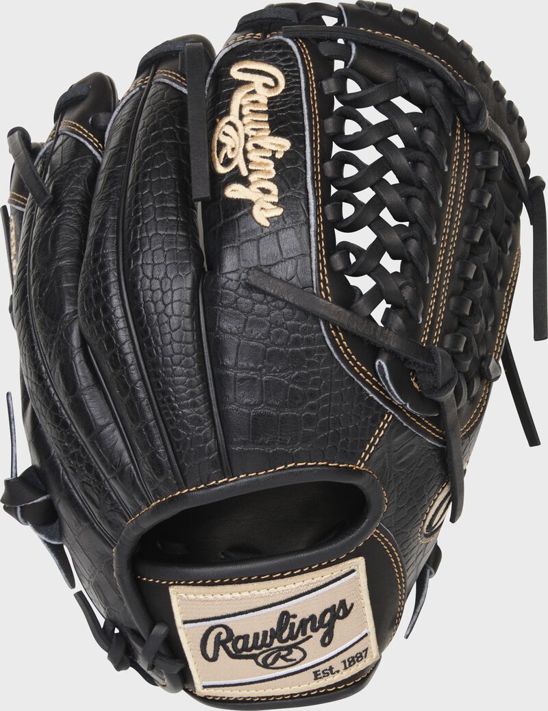 Black croc embossed back of a Heart of the Hide R2G 11.75" modified Trap-Eze web glove with a camel Rawlings patch - SKU: PROR205-4B