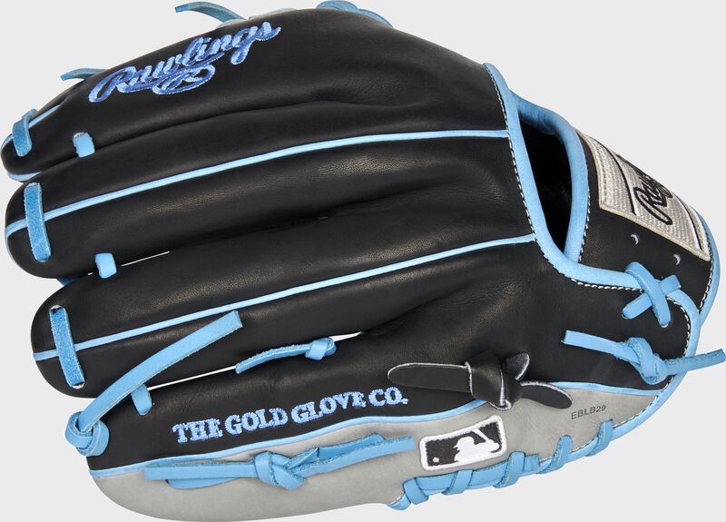 Back of a black Miami Marlins Heart of the Hide infield glove with the MLB logo on the pinky - SKU: RSGPRO204-2MIA