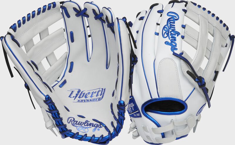 Front and back of a white/royal Rawlings Liberty Advanced 13" softball glove - SKU: RLA130-6WSS