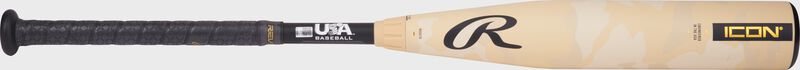 Side image of a Icon USA Baseball bat with the black handle on the left and tan barrel on the right