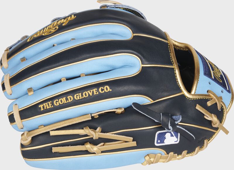 Navy/Columbia blue back of a HOH R2G 12.75-Inch outfield glove with the MLB logo on the pinky - SKU: PROR3319-6NCB