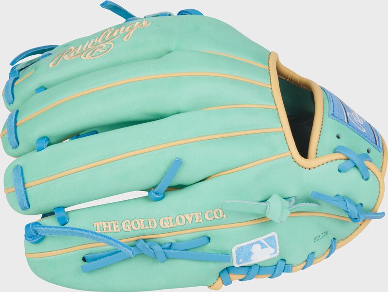 Back of a Heart of the Hide 11.75-Inch Mint Infield Glove with the MLB logo on the pinky