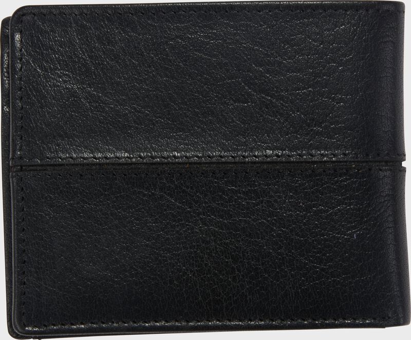 Alternate side of a black Rawlings Home Run bi-fold wallet
