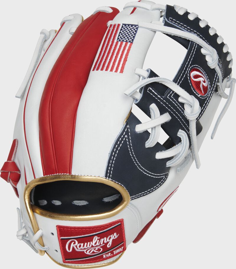 Scarlet/White back of a Heart of the Hide USA I-web glove with a red Rawlings patch - SKU: RSGPRONP5-2USA loading=