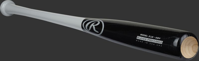 Angled view of a black/grey Rawlings Ash Player Preferred bat with a cupped end - SKU: 318RAW