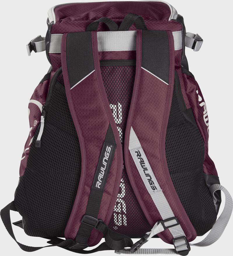 Back of a maroon VELOBK Rawlings Velo backpack with maroon shoulder straps