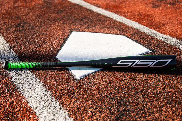 A black 2021 Rawlings 5150 USSSA bat on a field next to home plate - SKU: UT1510