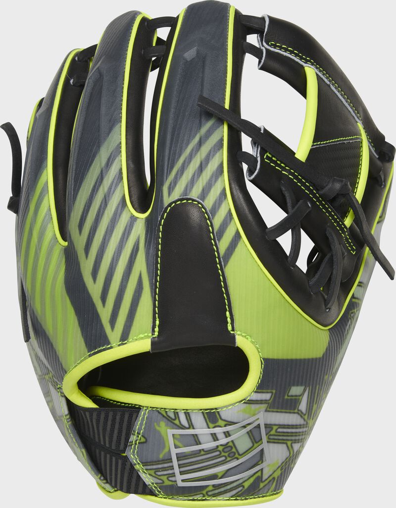 Shell back view of neon green and black 2022 REV1X 11.75-inch infield glove
