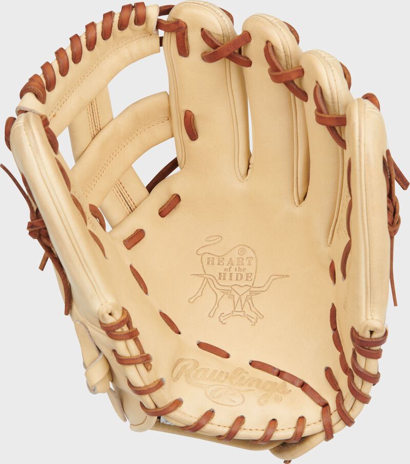 Camel palm of a Rawlings Trea Turner Heart of the Hide glove with tan laces - SKU: PRONP4-1TT