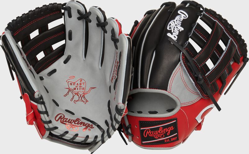 Two images showing the palm & back of a black/scarlet/gray Cincinnati Reds Heart of the Hide glove