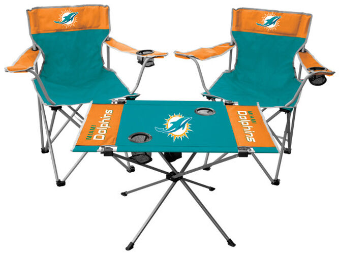 Front of Rawlings Aqua Green and Orange NFL Miami Dolphins 3-Piece Tailgate Kit With Two Kickoff Chairs, An Endzone Table, And A Transport Bag With Team Logo SKU#01041074511