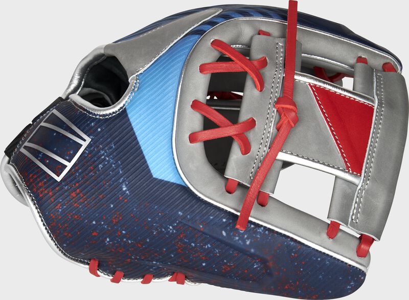 Web back view of blue, red, and gray 2022 REV1X 11.5-inch infield glove image number null