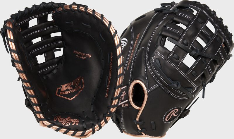 Two images showing the palm & back of a black R9 Series fastpitch first base mitt