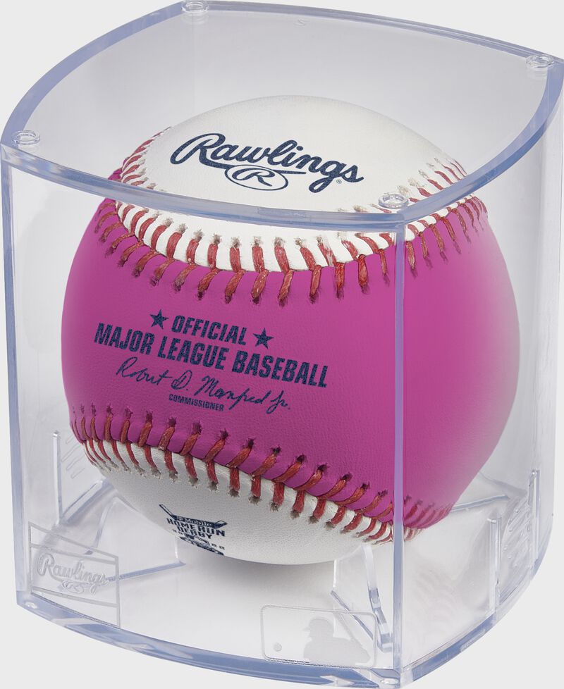 A 2022 Home Run Derby money ball in a clear display cube - SKU: RSGEA-ROMLBMB22-R