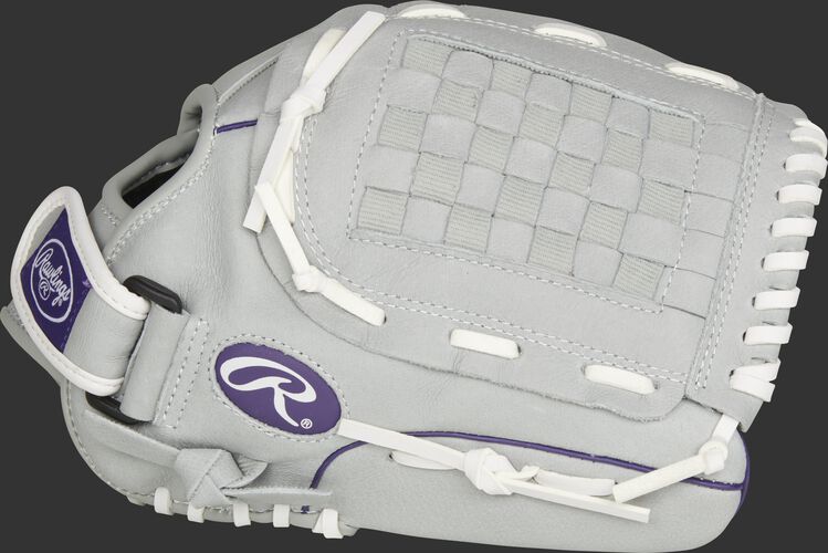 Thumb of a grey SCSB125PU Sure Catch Softball 12.5-inch youth outfield glove with a grey Basket web