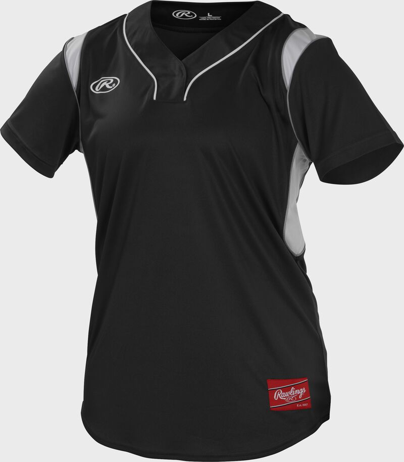 A black Rawlings hidden button softball jersey with white shoulder & side inserts - SKU: WHBJ-B
