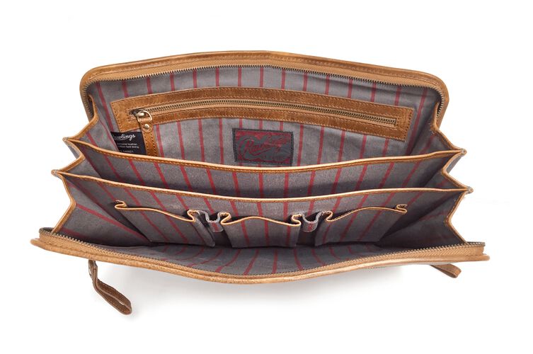 Inside of a tan Rawlings rugged portfolio with 3 separate compartments - SKU: V614-200