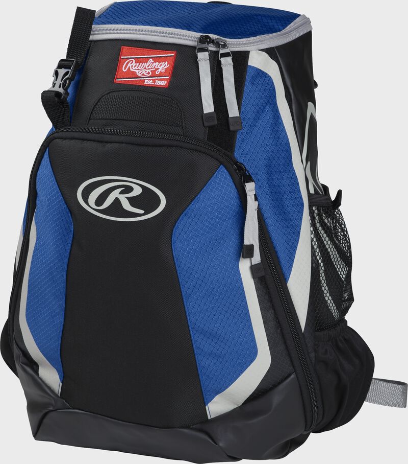 Left side of a black/royal R500 Players team backpack with white trim