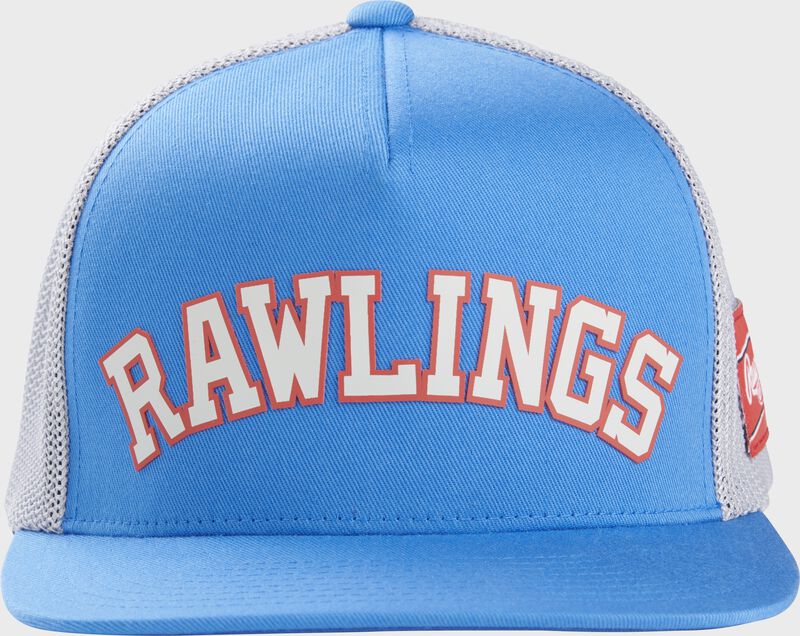 Front view of the Rawlings Light blue with white Rawlings lettering and orange outlining FlexFit Mesh Snapback Hat - SKU: RSGFC