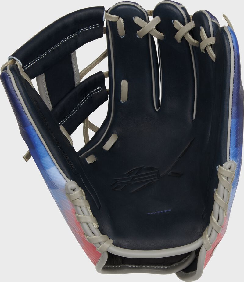 Navy palm of a Rawlings Bo Bichette REV1X glove with gray laces - SKU: REV205-2XN